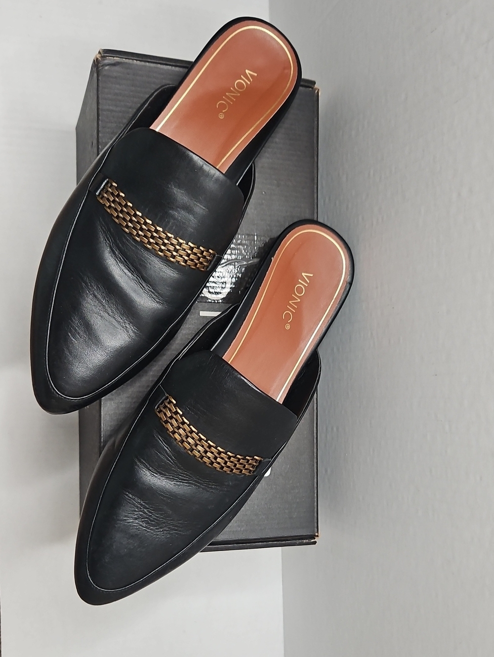 Vionic Black Leather Slip-On Mules with Gold Chain Accent